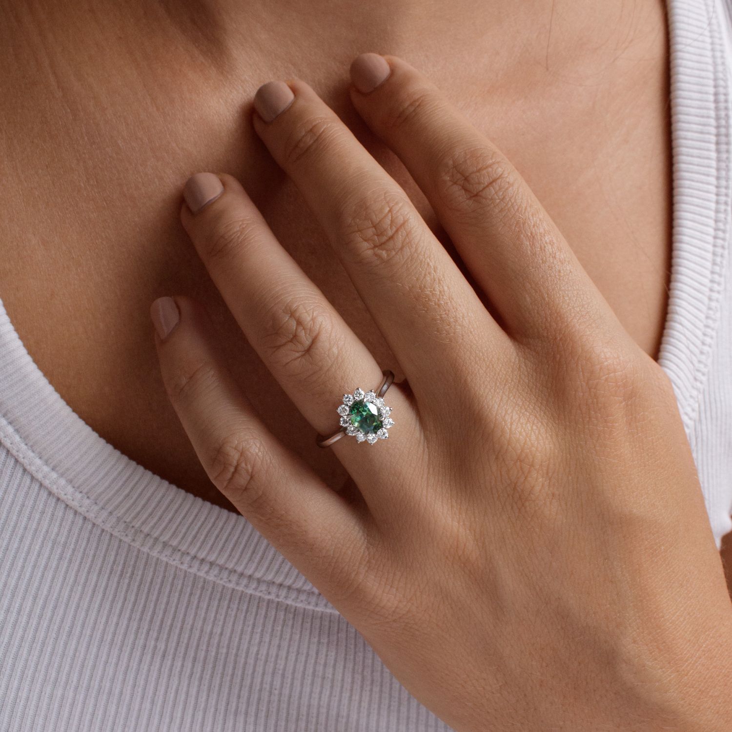 Oval Teal Sapphire Gemstone Platinum Cluster Engagement Ring-