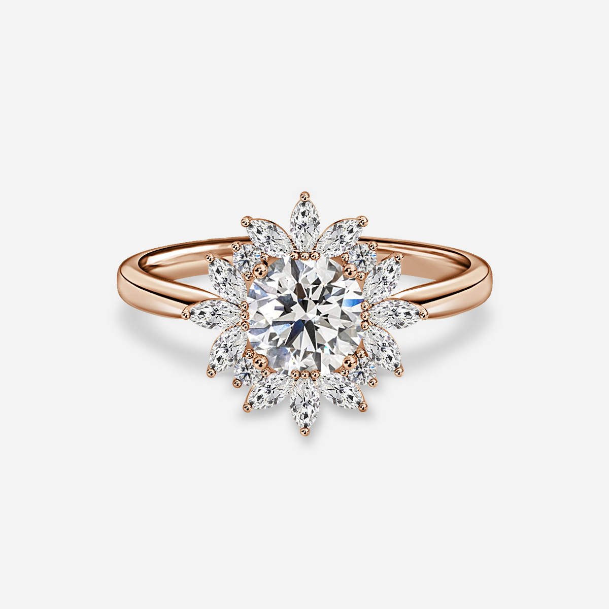 Dallas Rose Gold Flower Cluster Marquise And Round Diamond Engagement Ring
