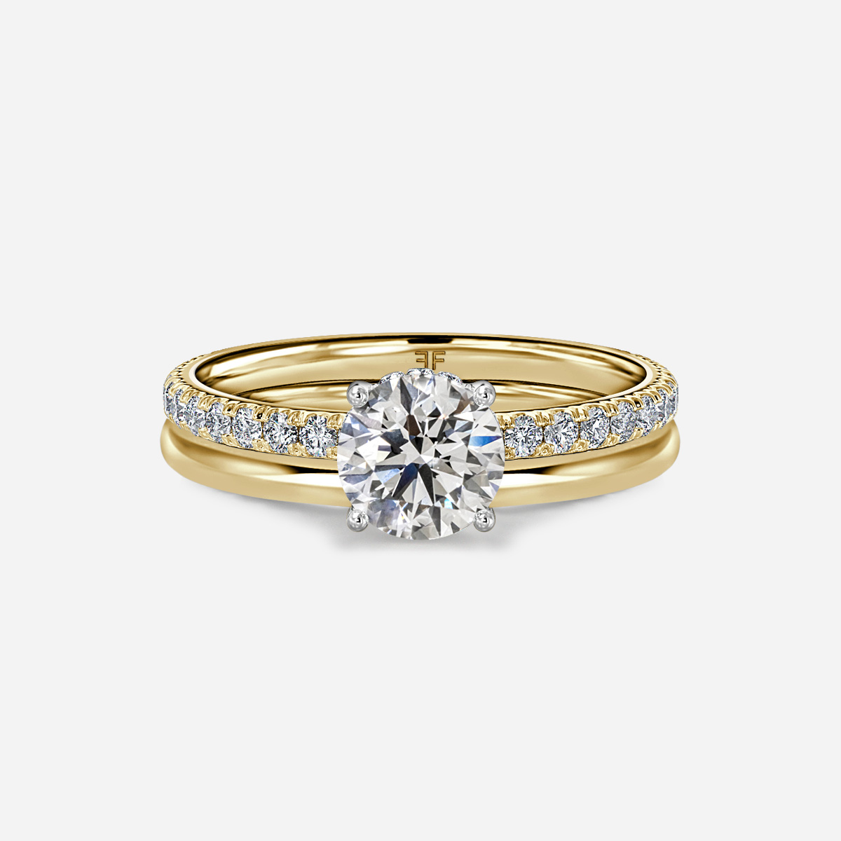 Sadie Two Tone Yellow Gold Plain Band Bridal Set Engagement Ring