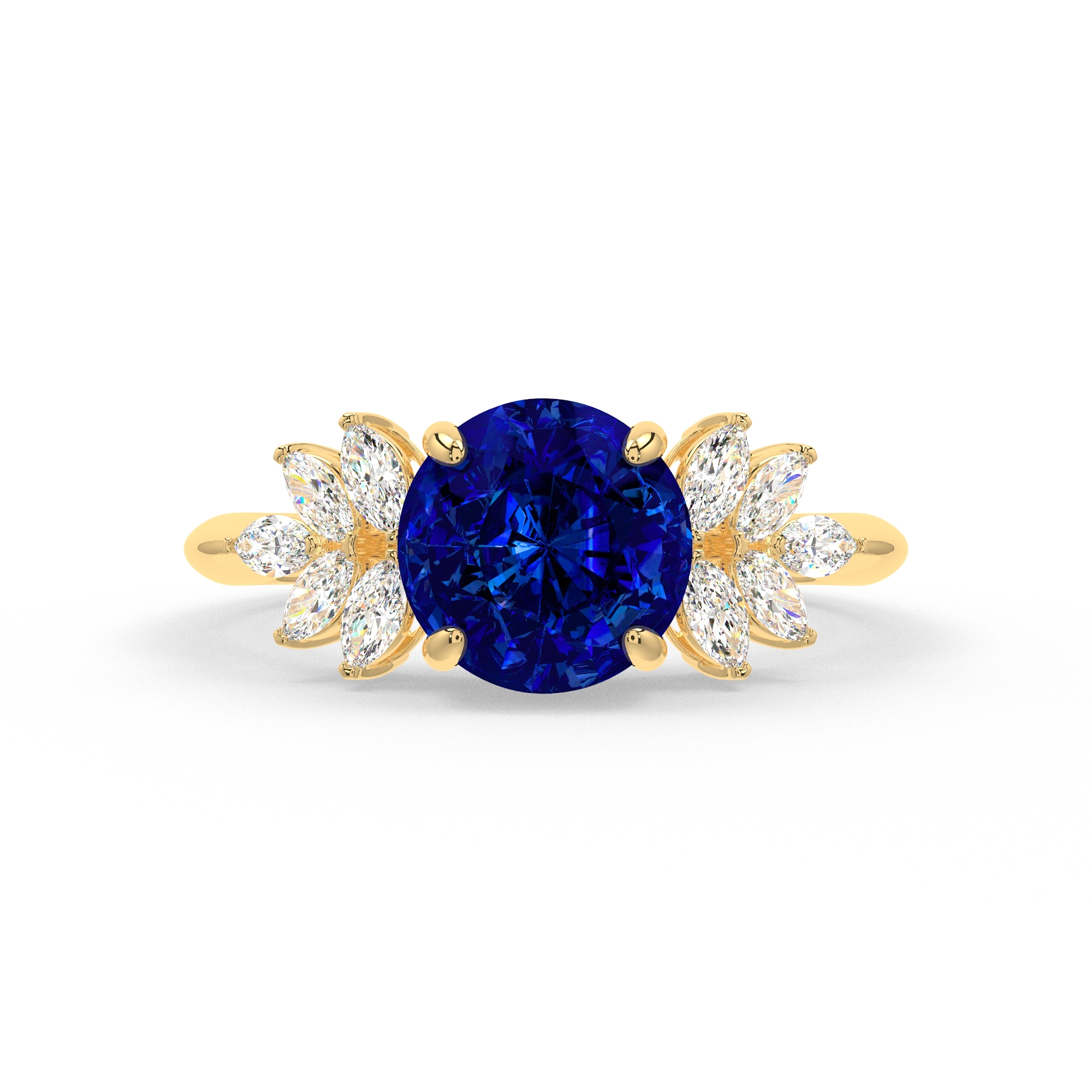 Round Blue Sapphire Anastasia Yellow Gold Cluster Engagement Ring
