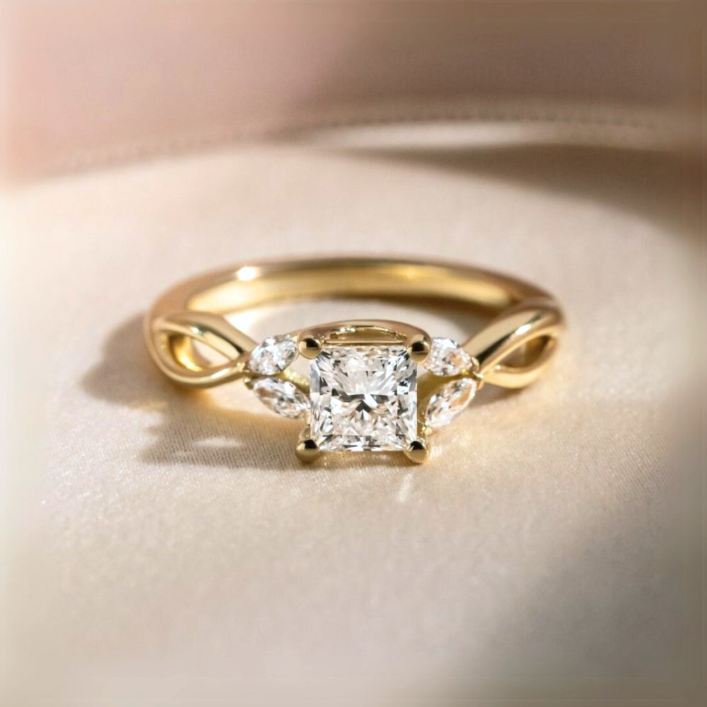 Carat Princess Diamond Floral Engagement Ring In 18K Yellow Gold