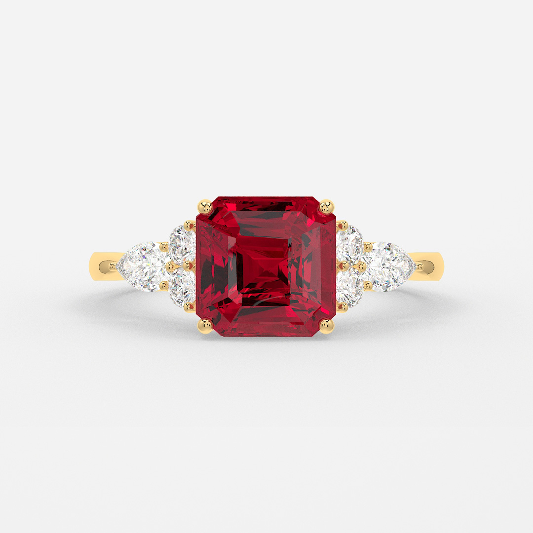 1 Carat Lab Grown Asscher Ruby Cluster Engagement Ring In Yellow Gold ...