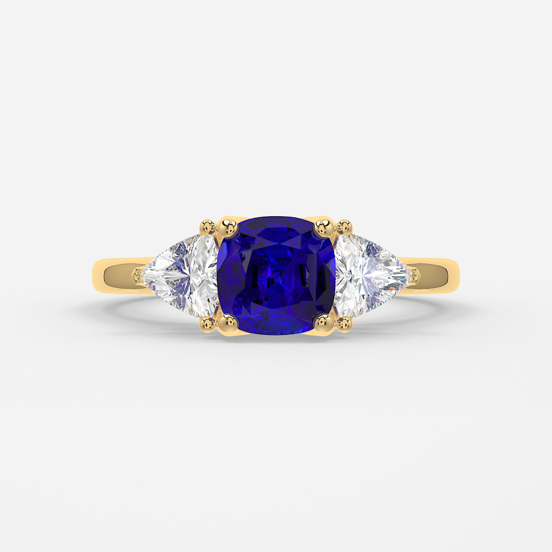 1 Carat Lab Grown Cushion Sapphire Trilogy Engagement Ring In Yellow Gold - Ciara