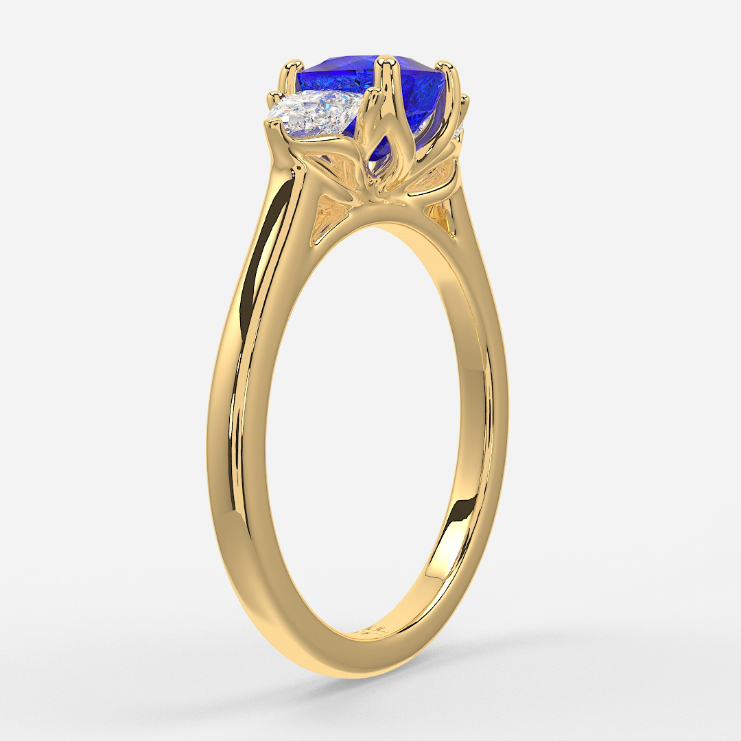 1 Carat Lab Grown Cushion Sapphire Trilogy Engagement Ring In Yellow Gold - Ciara