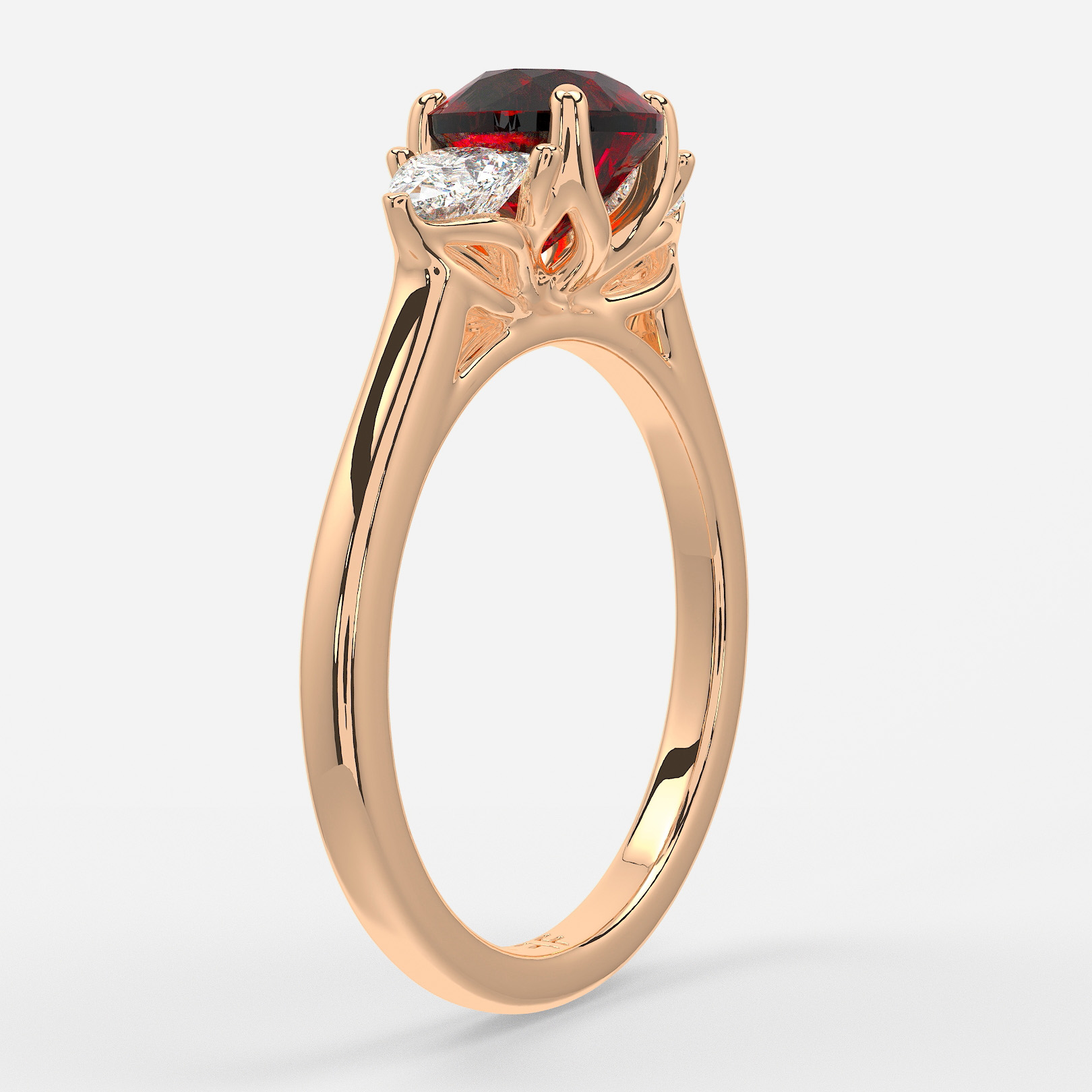 Carat Lab Grown Round Ruby Trilogy Engagement Ring In Rose Gold