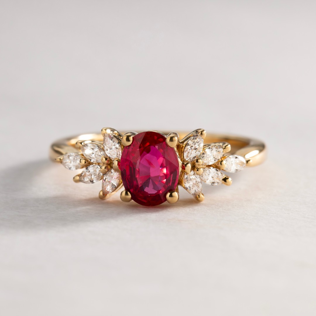 Carat Oval Ruby Diamond Trilogy Engagement Ring In Yellow Gold