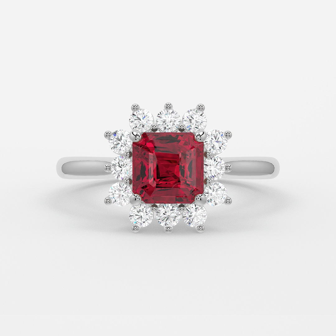 1 Carat Lab Grown Asscher Ruby Cluster Engagement Ring In Platinum ...